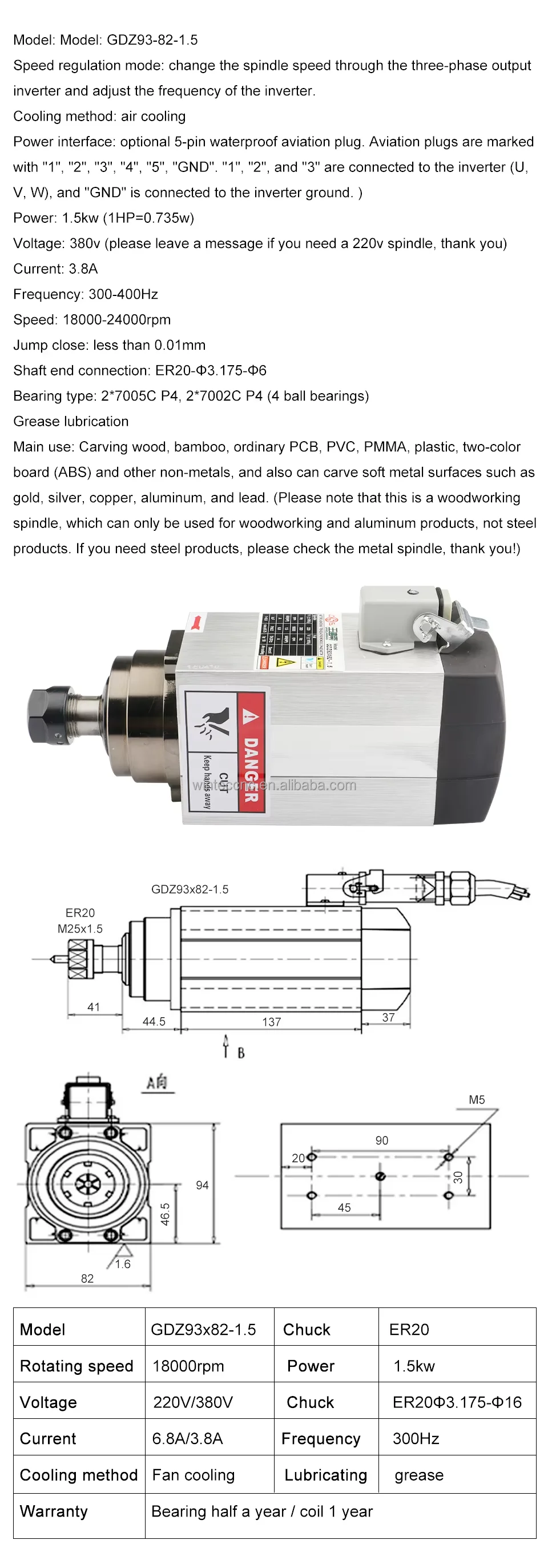 High speed ER 32 380V 5.5KW water cooled spindle motor for cnc router