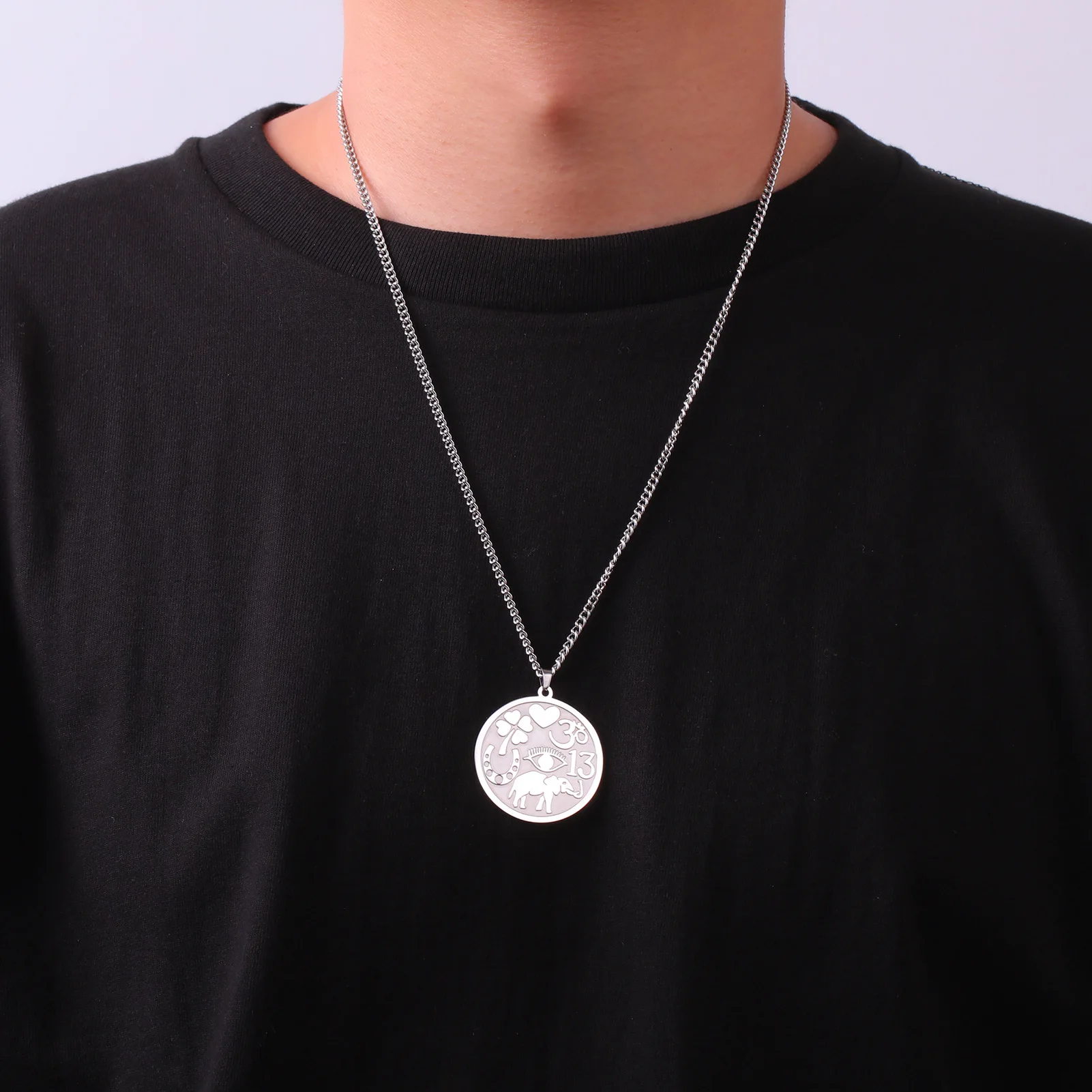 Wholesale  Good Luck  Elephant Medallion Necklace Powerful Protection Amulet Ohm Symbol Horseshoe  Stainless Steel Necklace