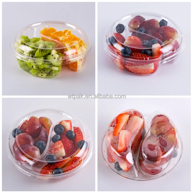 170*170*55mm Disposable Outdoor Round Plastic Fruit Salad Container with 2 compartments