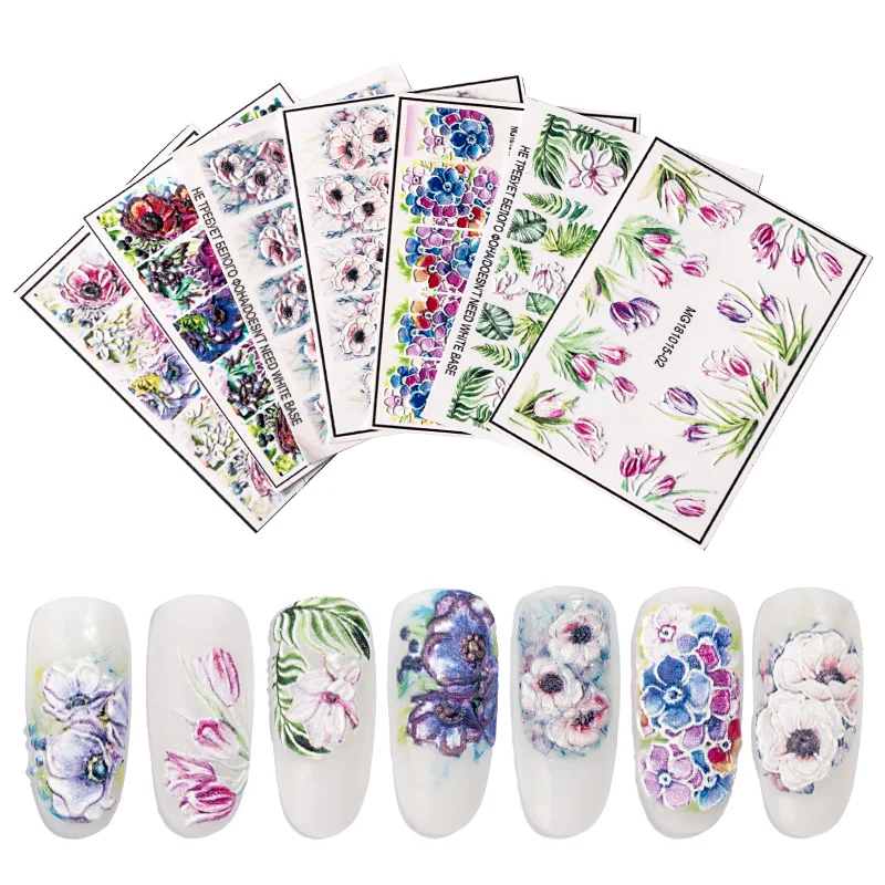 5D Tulips White Camellia Nail Stickers Embossed Relief Orchid Floral Leaf Flowers Carved Sliders Gel Polish Decoration