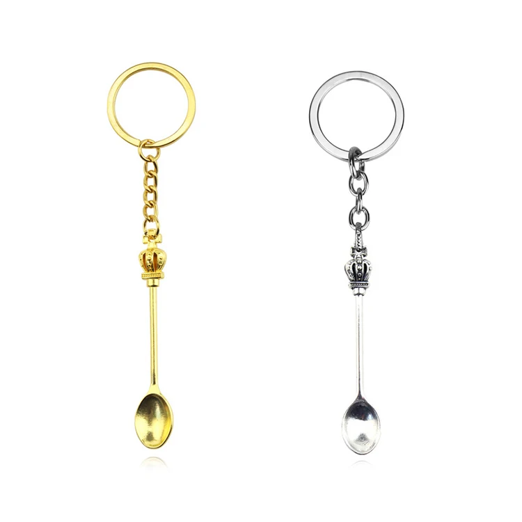 K166 Wholesale Gold Silver Plated Mini Crown Spoon Knife Fork Keychains Teaspoon Pendant Key Ring Metal Key Chains for Best Gift