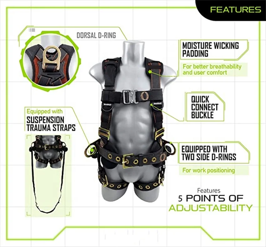 Fall Protection Premium Black Safety Harness X model with Vented & Padded Shoulder,Tongue Legs and Quick Release Buckle