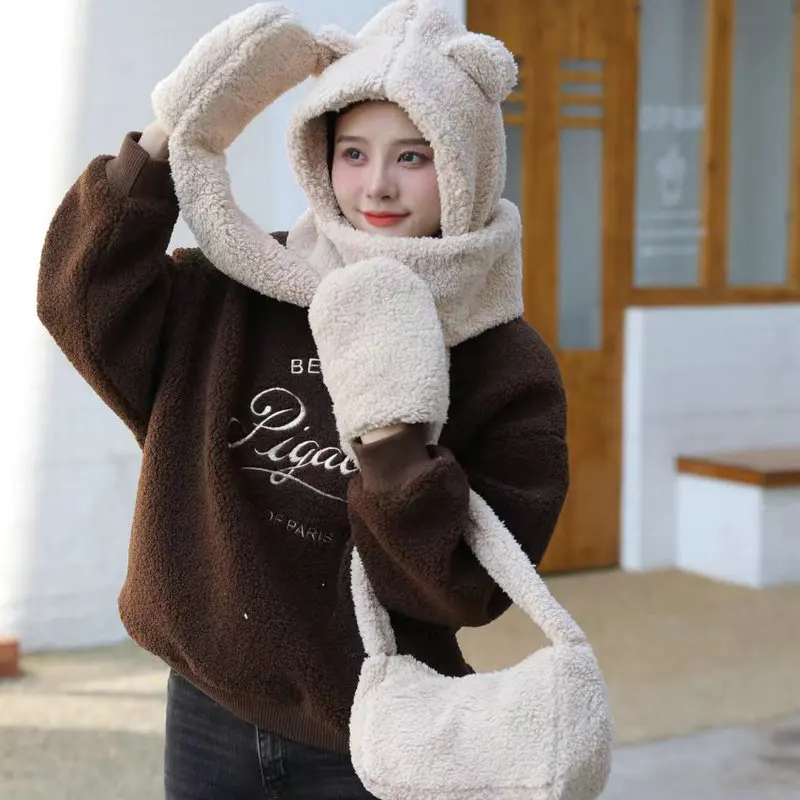 Hot Selling Brown Bear Hat Gloves Set Animal Long Mitten Hat Thick Warm Designer Set Cute Hat Scarf Gloves And Bag Set