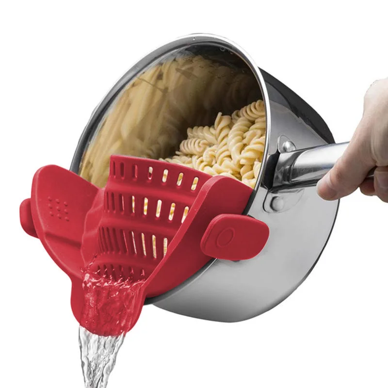 High Quality Universal Big Size Pot Anti-Spill Strainer Silicone Bowl Colander Snap Clip On Two Side Drain Pot Side