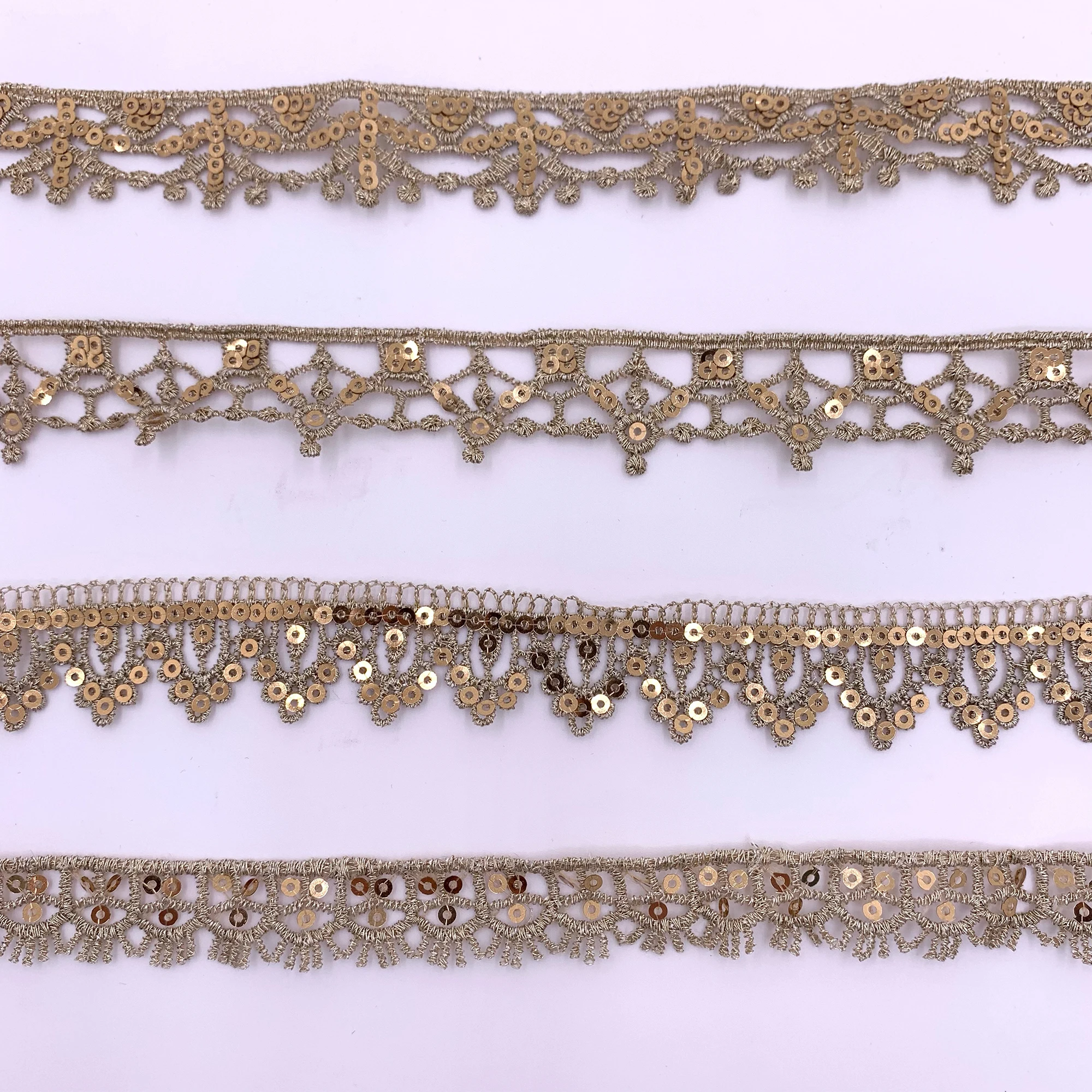 High Quality Wholesale Shiny Polyester Water Soluble Delicate Sequin Gpo Lace Trim Gold