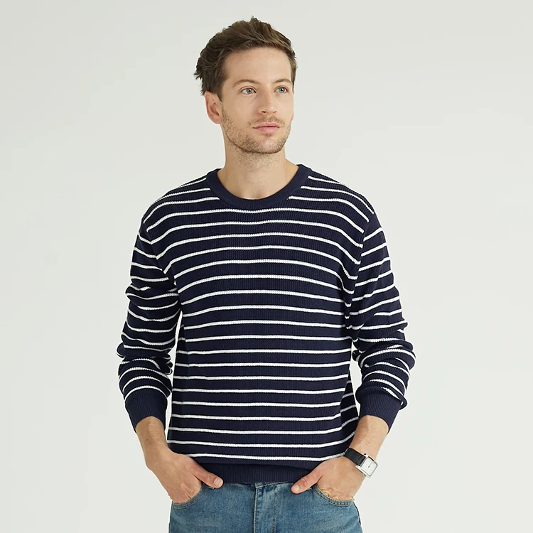 OEM изготовленный на заказ зимняя мужская 100% из органического хлопка белого и голубого цвета в полоску с узором с круглым вырезом свитер-пуловер для мужчин