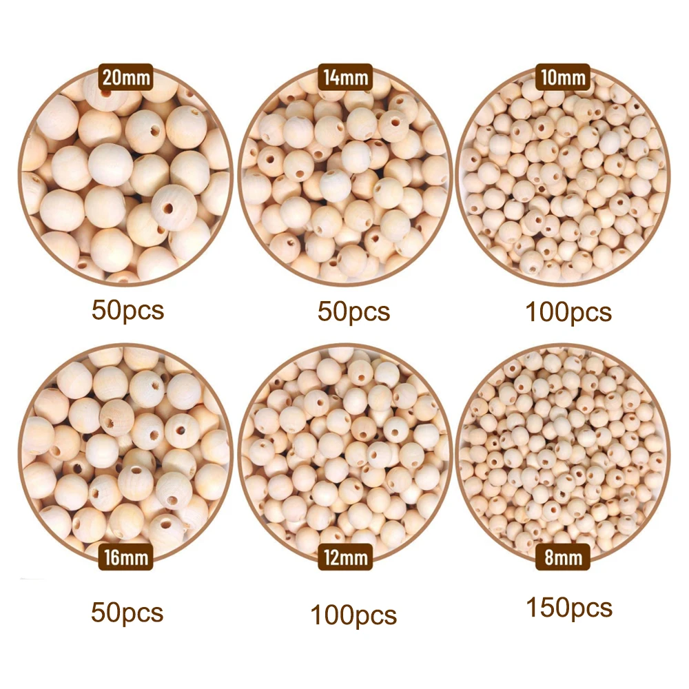 500 pieces 6 sizes of various unpolished wooden beads, used for wreaths, farmhouse decoration, jewelry making,DIY handicrafts