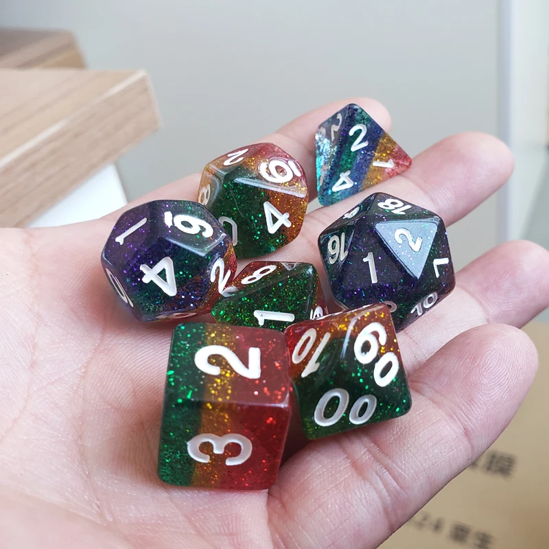 Custom Logo RPG DND Polyhedral Glittering Resin Dice New Design Multiple Layers Colored Bulk Dice Set of 7pcs