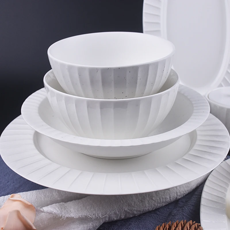 Classic White Ceramic Bowls Vertical Textured Design Perfect for Cereal Soup and Salads Elegant and Durable for Everyday Use
