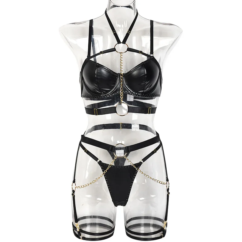 Chuangerm hot sell fashion PU leather lace design lingerie set mature black women sexy sensual lingerie 2023