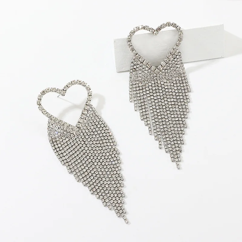 
fashion big long crystal heart earrings for wedding African luxury full diamond rhinestone tassel dangle statement earrings 