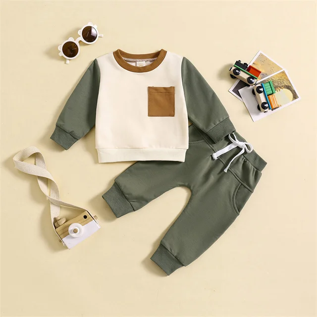 1 Pcs Custom Tag Color blocks Cotton Outfit Spring Autumn Newborn Infant Toddler Clothes Top Pants Pocket Boys Baby 2 Pieces Set