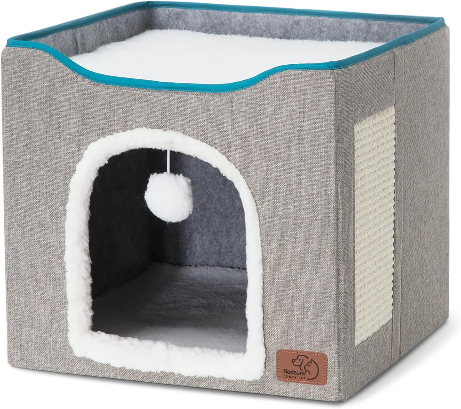 Suitable for indoor cat beds - large cat litter box with pom-pom hanging device and scratching mat, foldable cat hideout