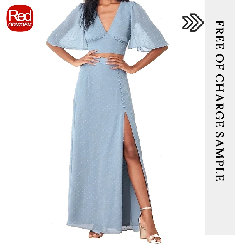 RedHK Customized High Quality New summer 2022 women clothing Save Your Love for Me Slate Blue Swiss Dot Two-Piece Maxi Dress