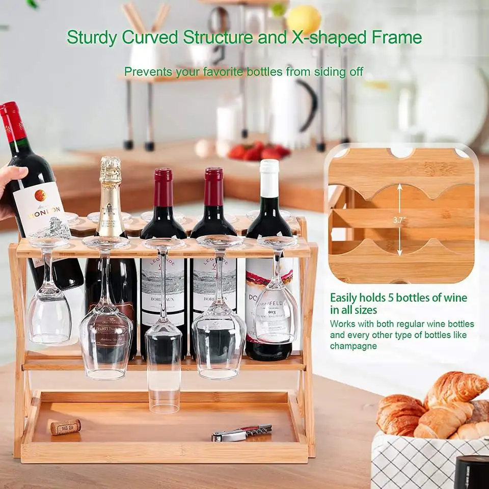 Wood Countertop Wine Racks Hold 5 Wine Bottles 10 Glasses Sturdy Bamboo Wine Bottle Glass Holder for Kitchen Bar
