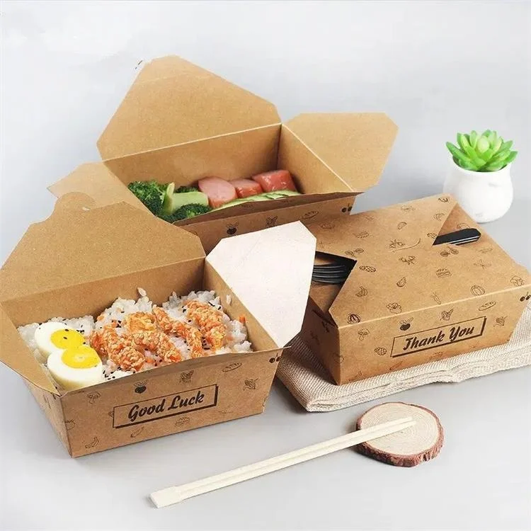 Customize Logo Printing Food Container Take Away 3 Compartments Disposable 800ml Brown Kraft Paper Lunch Boxes