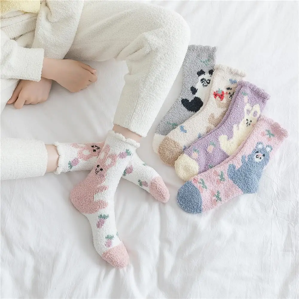 Wholesale Cute Rabbit Panda Cartoon Fleece Socks Women Warm Cozy Microfiber Fluffy Plush Socks