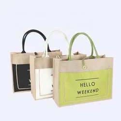 Natural burlap eco friendly shopping bags printed button jute reusable tote bag with cotton webbing handle grocery tote bags