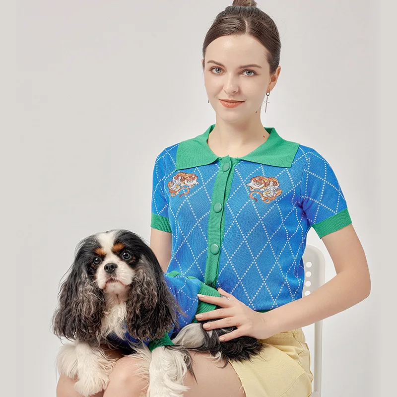New Fall Winter Fashion Section Dog Blue Cardigan Pet Parent Child Sweater And Owner Matching Clothes Customize