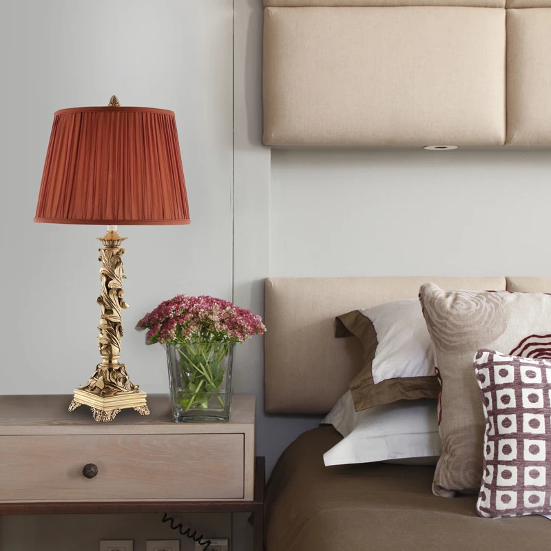 Decorative Bedside French Style Red Lamp Shade Antique Brass Table Lamps & Reading Lamps