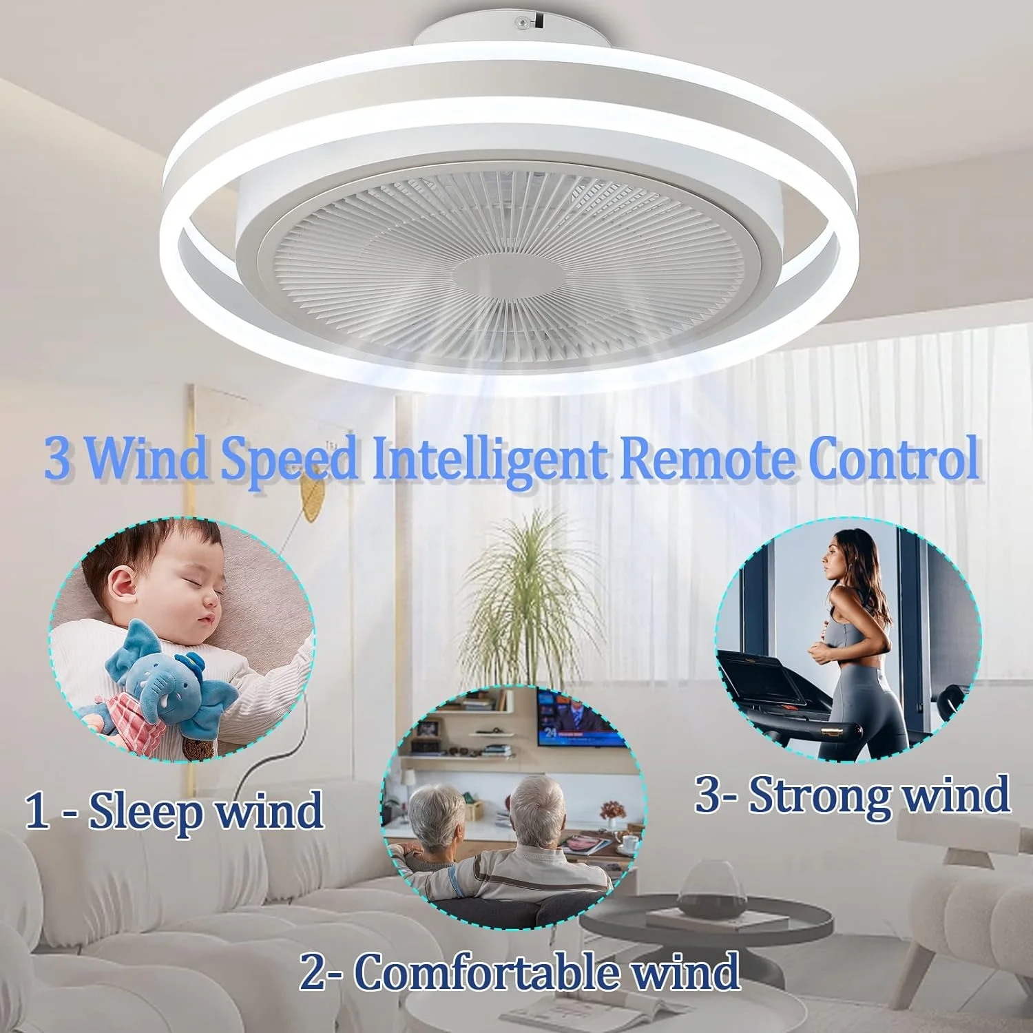 New Design Modern Ceiling Fans with Lights Remote Control,Bladeless Low Profile Enclosed LED 3 Colors Dimming 3 Speed Fan Light