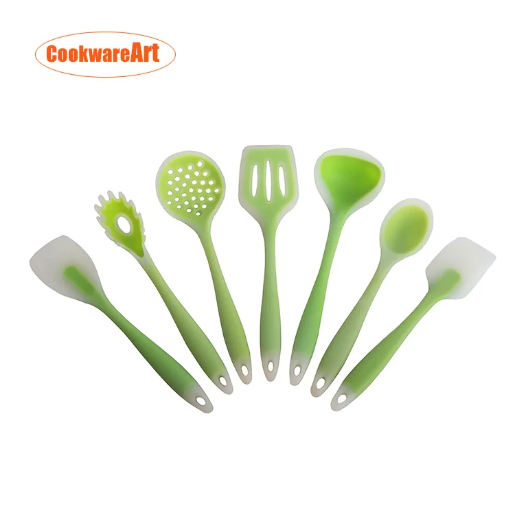 non-stick BPA free heat resistant 7 piece of silicone kitchen cooking tools set with transparent plastic handle