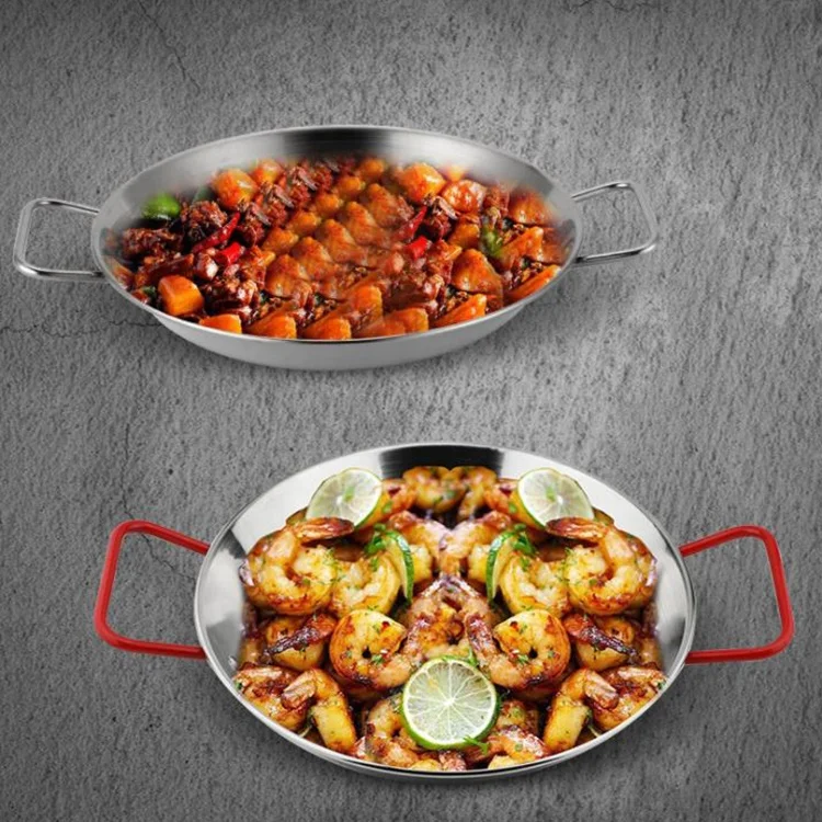 Silver red handle double ears non-magnetic thickened Spanish stainless steel seafood pan