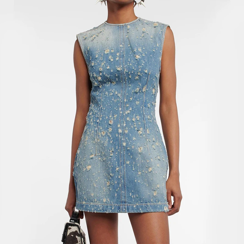 DiZNEW 2023 New Arrival Manufacturer High Quality Custom Fashion Distressed Summer Denim Dresses For Women Ladies