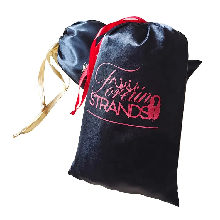 BN-142 Wholesale drawstring gift silk satin pouch hair extension packaging black satin bag with customized logo