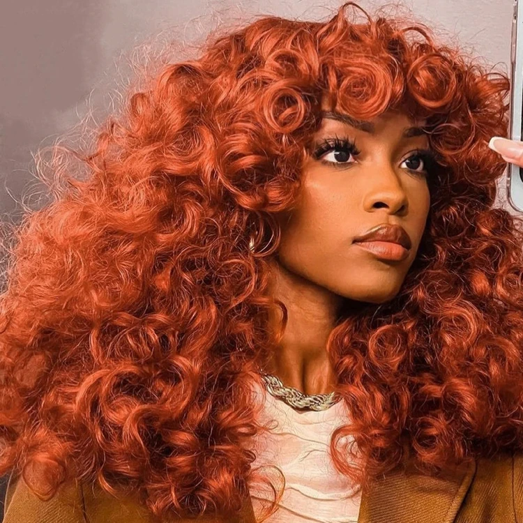 Red Brown Short Loose Curly Wigs With Bangs Indian virgin Cuticle Aligned Human Hair Wigs Loose Wave Transparent Lace Front Wig