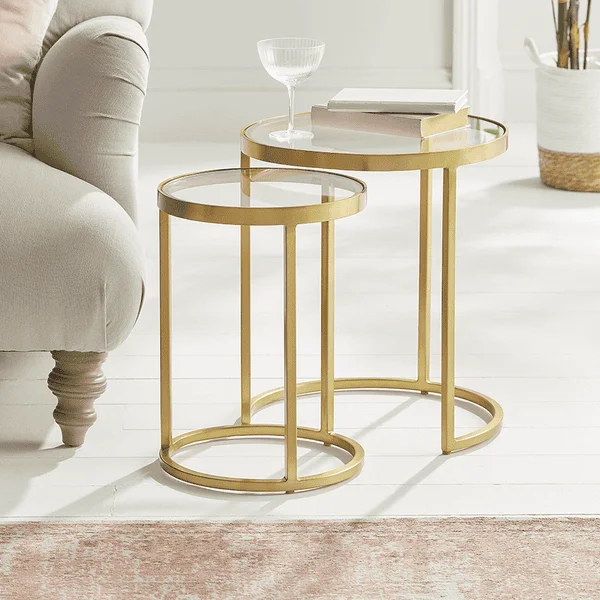 Factory Custom Luxury Two Glass Topped Nesting Table Gold