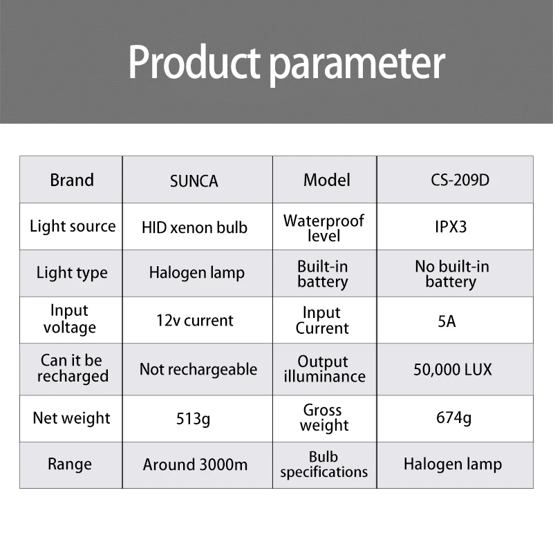 SUNCA 55W 209D Automotive strong non-rechargeable handheld halogen searchlight