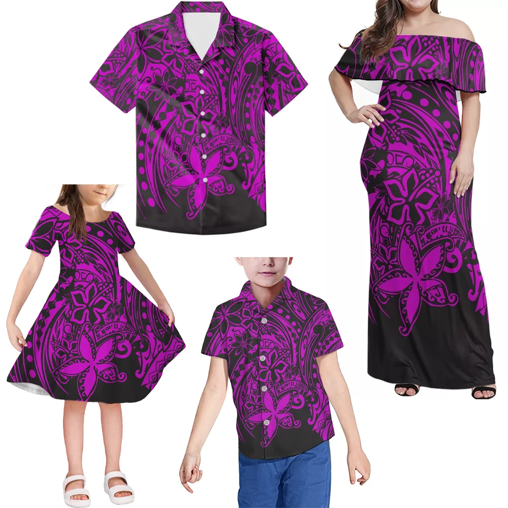 
New Polynesian Clothing Deep Blue Traditional Designer Tribal Mix Flower Off Shouler Dresses Little Girls Skirt Boy Dadday Shirt 