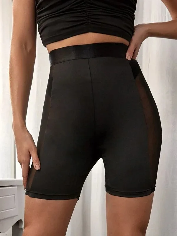 Women Summer Gym Side Mesh Cycling Shorts Tights Biker Pants High Waist Breathable Pants Yoga Fitness Leggings