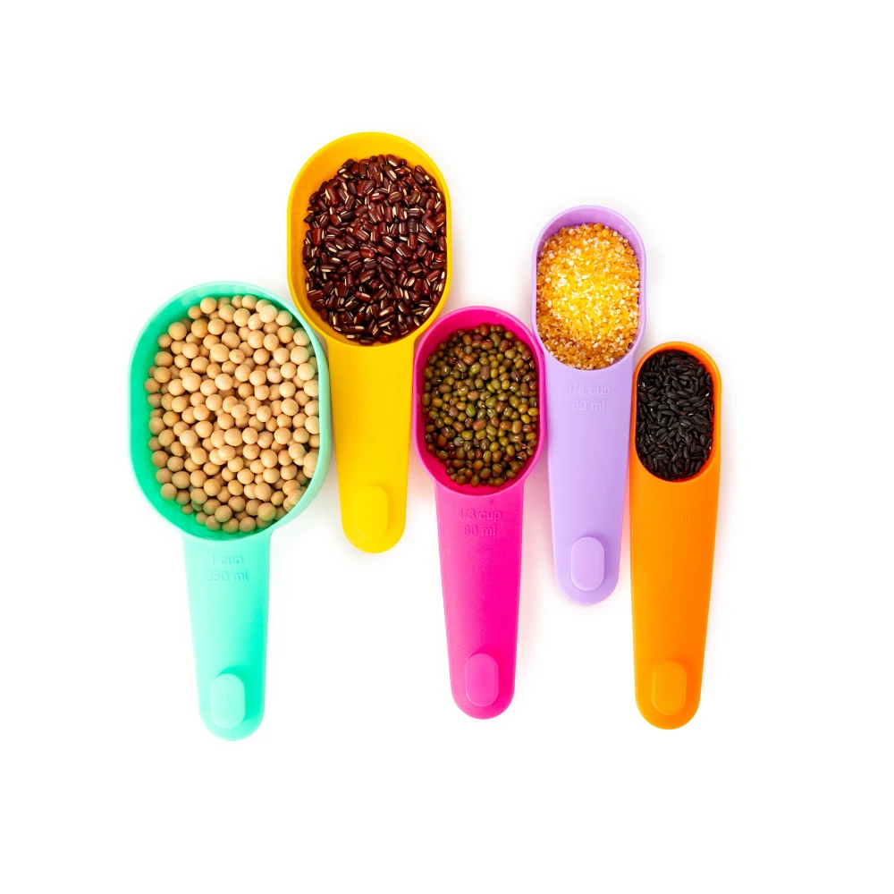Custom Style Colorful 5 Piece  Plastic Measuring Cups and Spoons Set for Baking Coffee Kitchen Measuring Tool