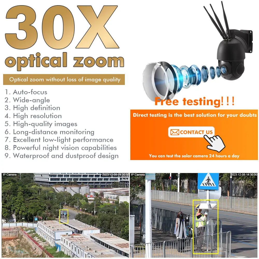 TecDeft 8MP CCTV camera kit solar panel 4G sim card auto tracking 8MP 30x optical zoom security PTZ farm LTE WIFI solar camera