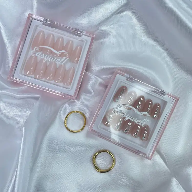 Luxury Bling Pink High Quality  False 3d Acrylic Design  Custom Press On Nails With Rhinestones And Box