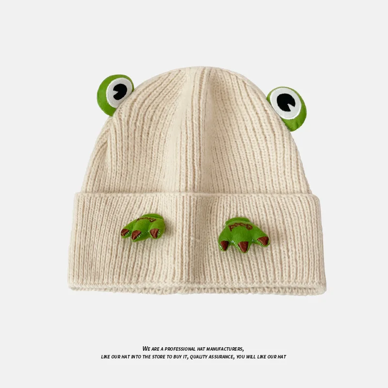 Cartoon Cute Little Frog Knitted Hat for Autumn and Winter ColdLoose Ear Protection Fashion Hoodie Knitted Hat