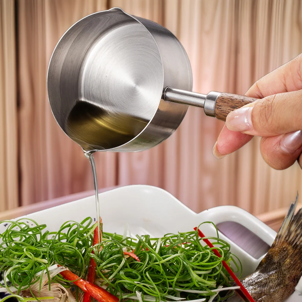 Stainless Steel Oil Pot with Wooden Handle 120ml/200ml Spilled Mini Soup Milk Pot Scalding-proof Kitchen Tool Cook Accessories