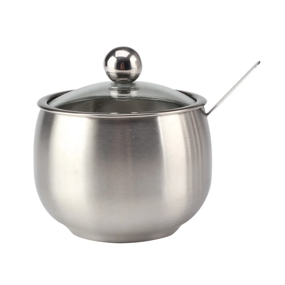 Tableware Stainless Steel Sugar Bowl Set with Clear Lid and Spoon for Restaurant