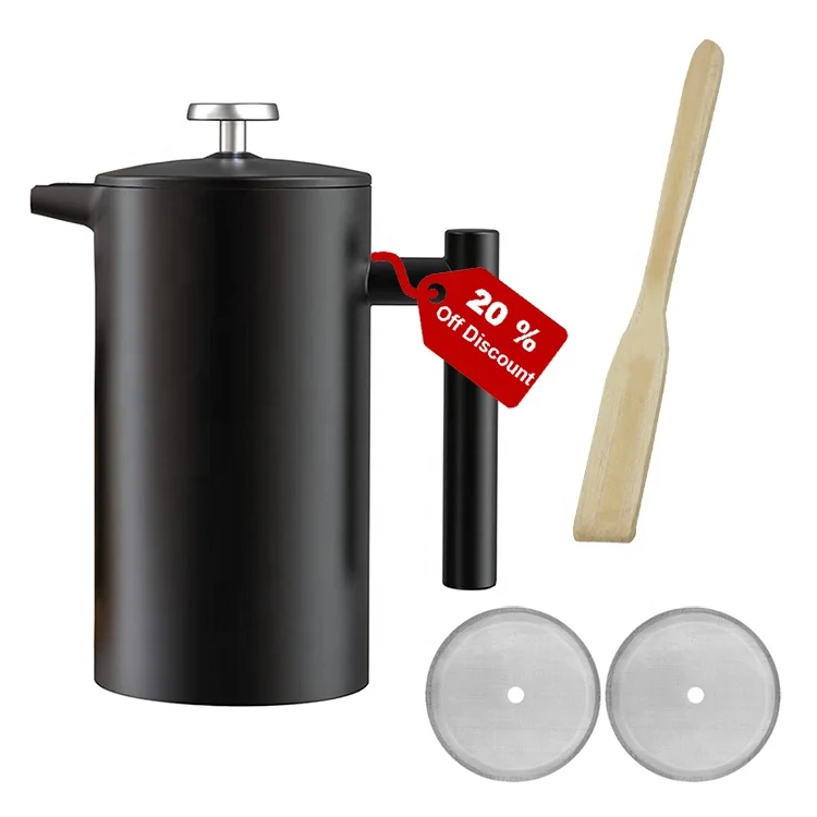 Handheld Bamboo Stir Stick 1 Liter 8 Cups Double Wall Tea Pot Stainless Steel French Coffee Press