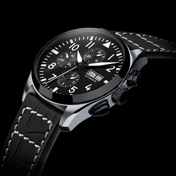 Mexda Chrono Watch Men Automatic Pilot Analogue Watch Orologio Glass Leather Strap Automatic Movement Men Leather Wa