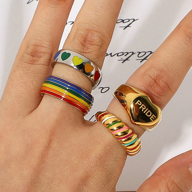 Drop Shipping Lgbt Gay Pride Rainbow Jewelry Gay Men Lesbian Ring Stainless Steel 18k Gold Plated Chunky Heart Rings