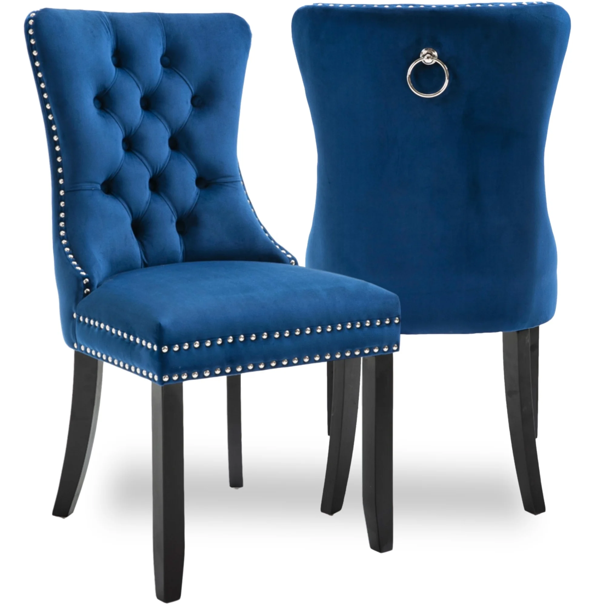 Exquisite and Stylish Blue Velvet Upholstered Tufted Silver Nailhead Solid Wood Legs Kitchen Dining Chair