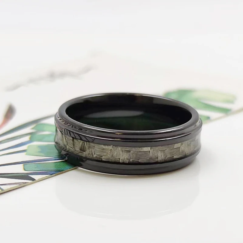 Wholesale Fashion Black Plated Tungsten Carbide Rings Inlay Grey Color Carbon Fiber Wedding Jewelry