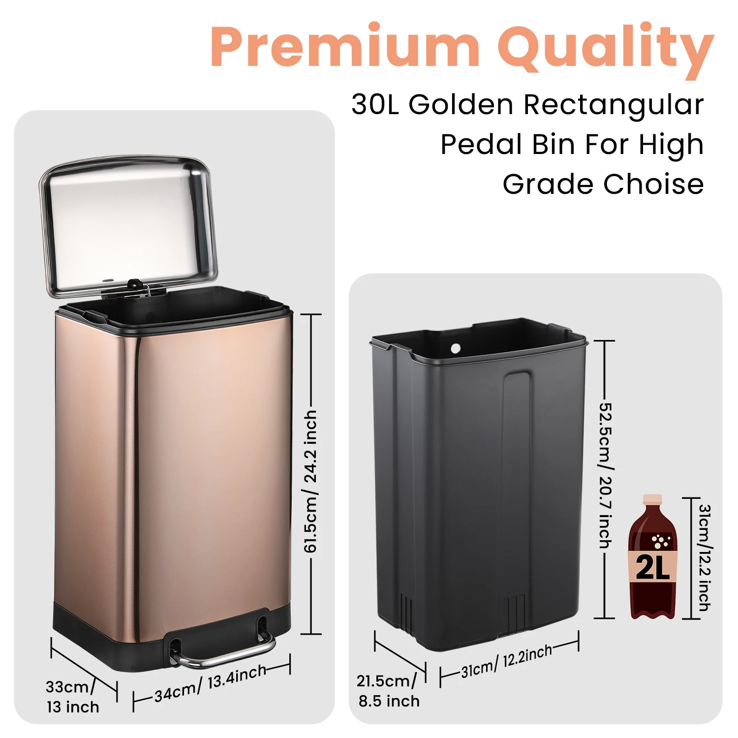 Jili Designs High Quality Stainless Steel Waste Bin Champagne Colour with Lid Pedal 30L Trash Can For home kitchen living room
