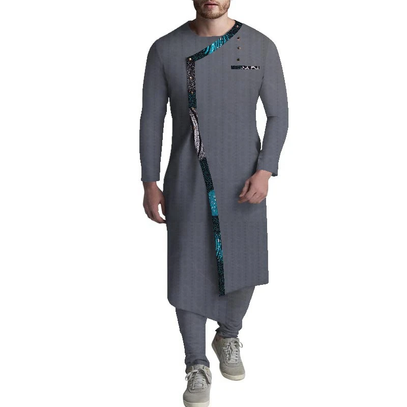wyn1057 High Quality Printed Two Piece Set African Clothing Men Long Sleeve Blouse Men African Clothes