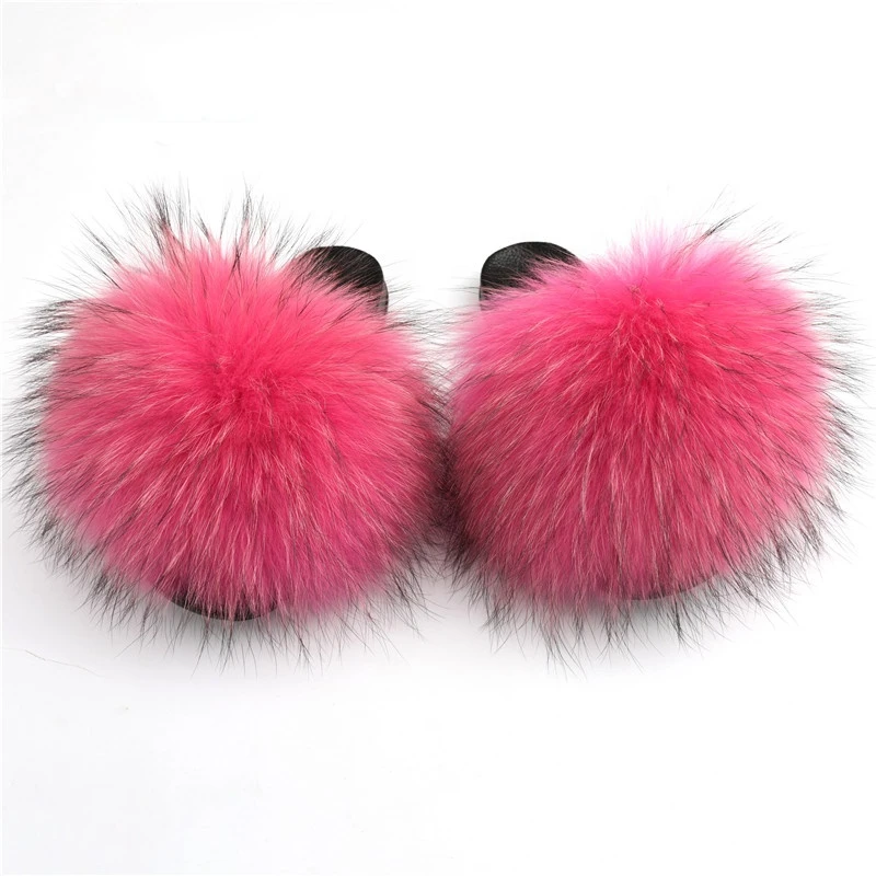 Factory Wholesale PVC Slides Ladies Raccoon Fur Slippers Women Soft Fur Slides