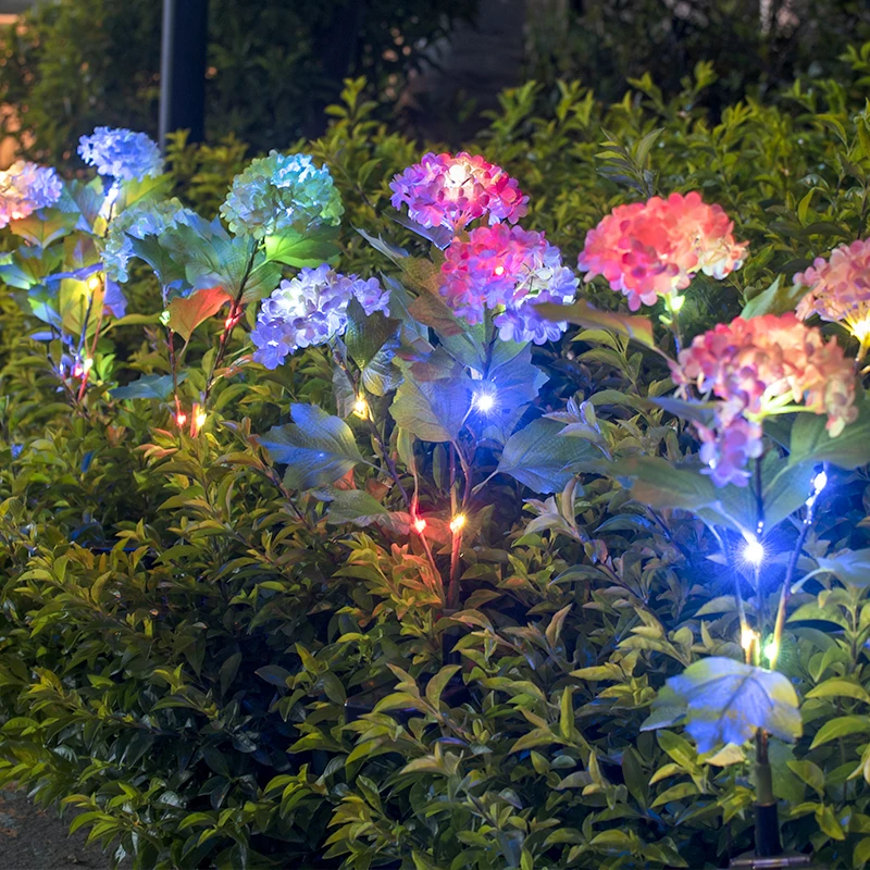 Led solar outdoor colorful decoration hydrangea light garden lawn landscape light plastic flowers artificial flowers light