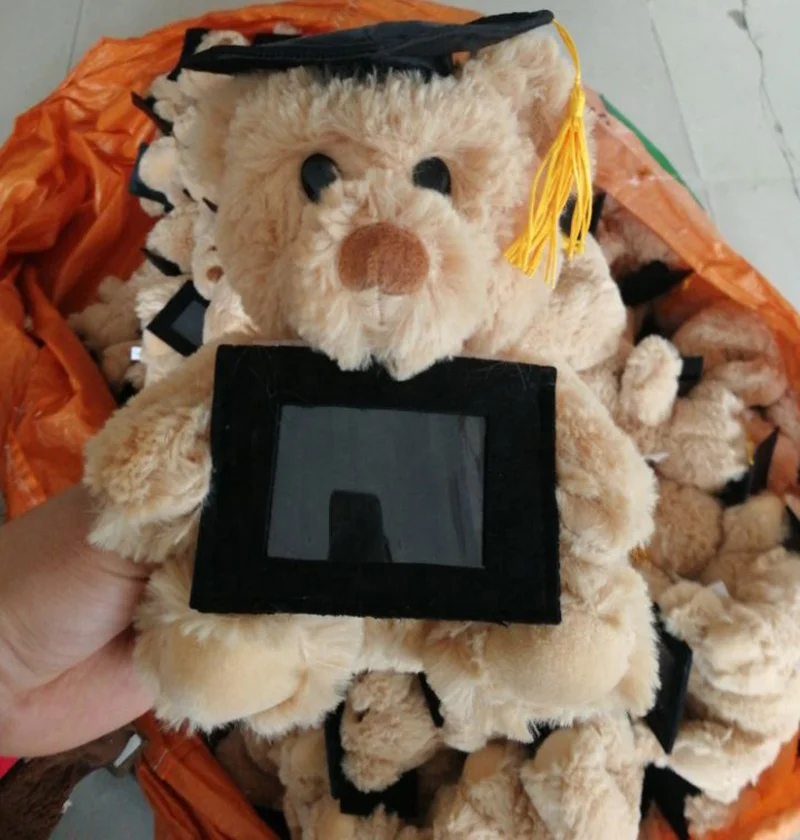 OEM design own stuffed plush toys graduation bear  Graduation Bear Stuffed Toy Animal Black Hats Shirt Holds Book